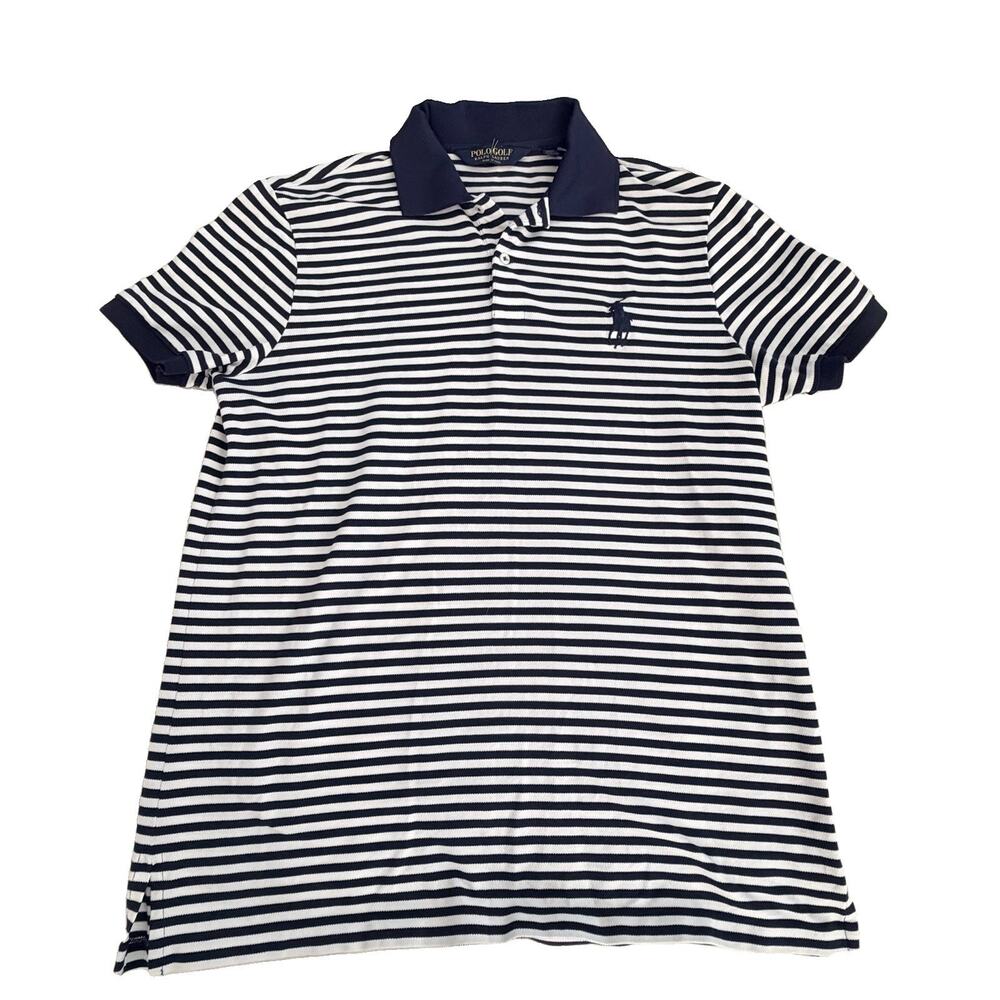 Polo Golf Ralph Lauren Performance Pro Fit Peru Navy Stripe Big Logo Shirt L EUC